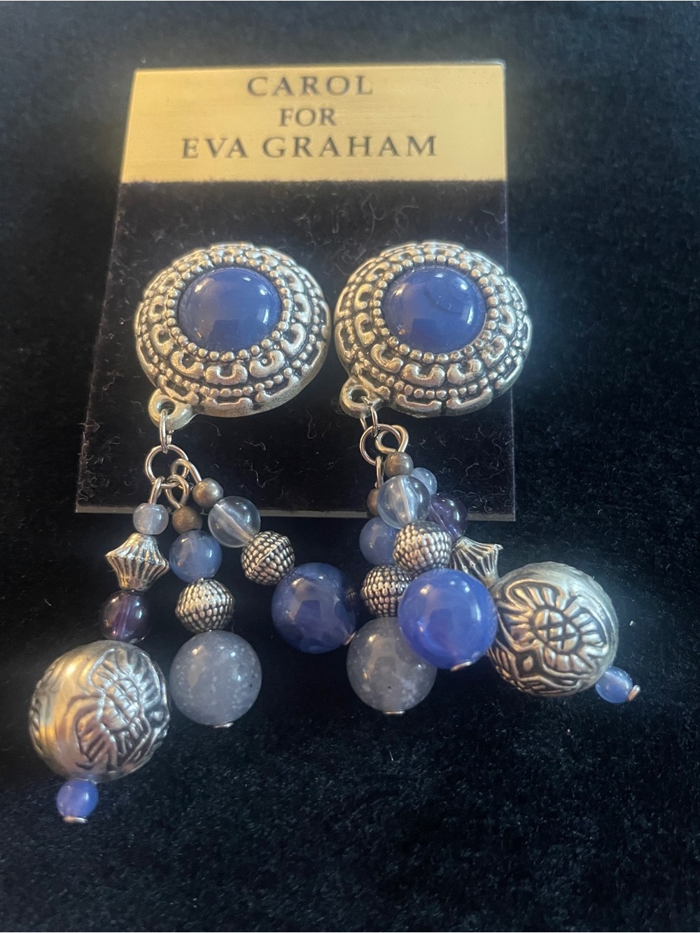 CAROL FOR EVA GRAHAM Blue & Silver Bead Dangle clip on Earrings NEW NWT!